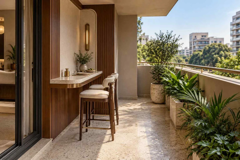 AI-generated outdoor concept: balcony dining ledge, urban deco direction