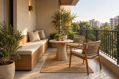 AI-generated outdoor concept: balcony family seating, ash and linen direction