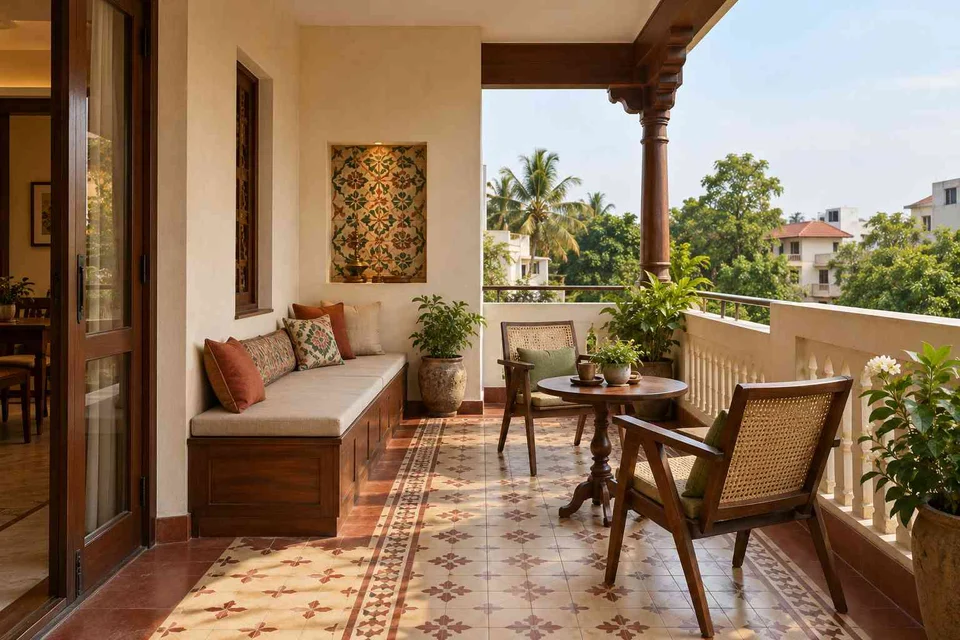 AI-generated outdoor concept: balcony family seating, chettinad tile direction