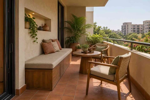 AI-generated outdoor concept: balcony family seating, clay artisan direction