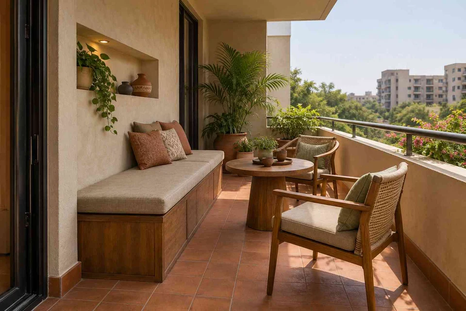 AI-generated outdoor concept: balcony family seating, clay artisan direction