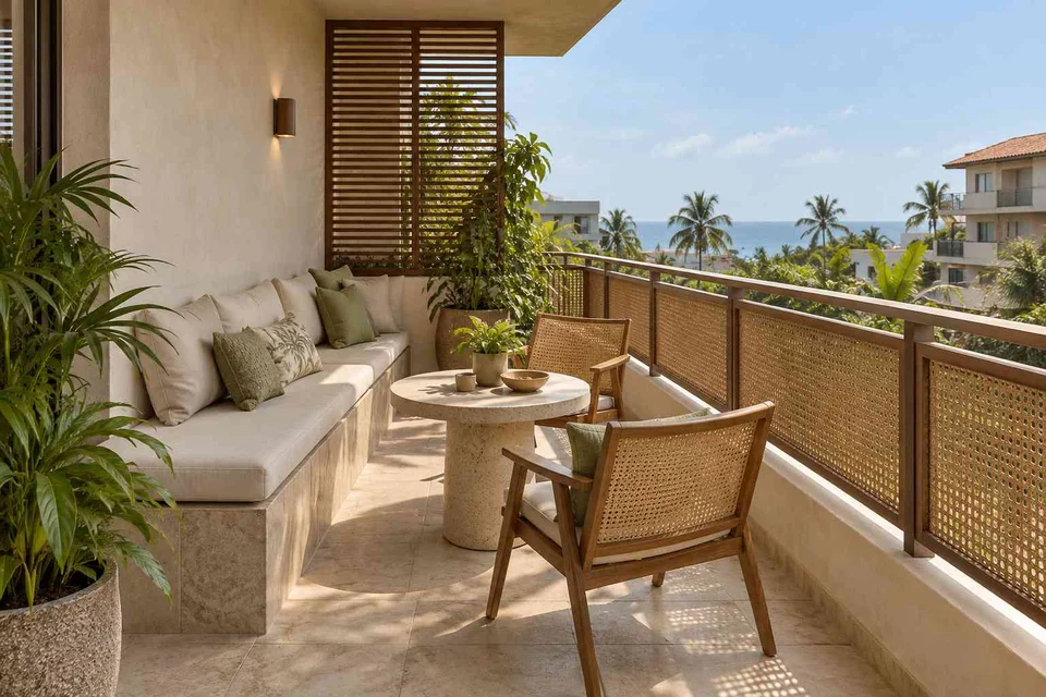 AI-generated outdoor concept: balcony family seating, coastal woven direction