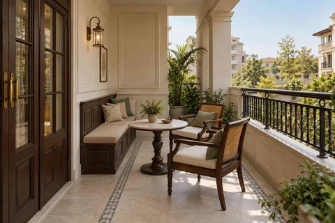 AI-generated outdoor concept: balcony family seating, colonial quiet direction
