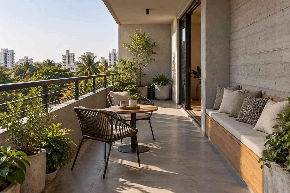 AI-generated outdoor concept: balcony family seating, concrete and oak direction