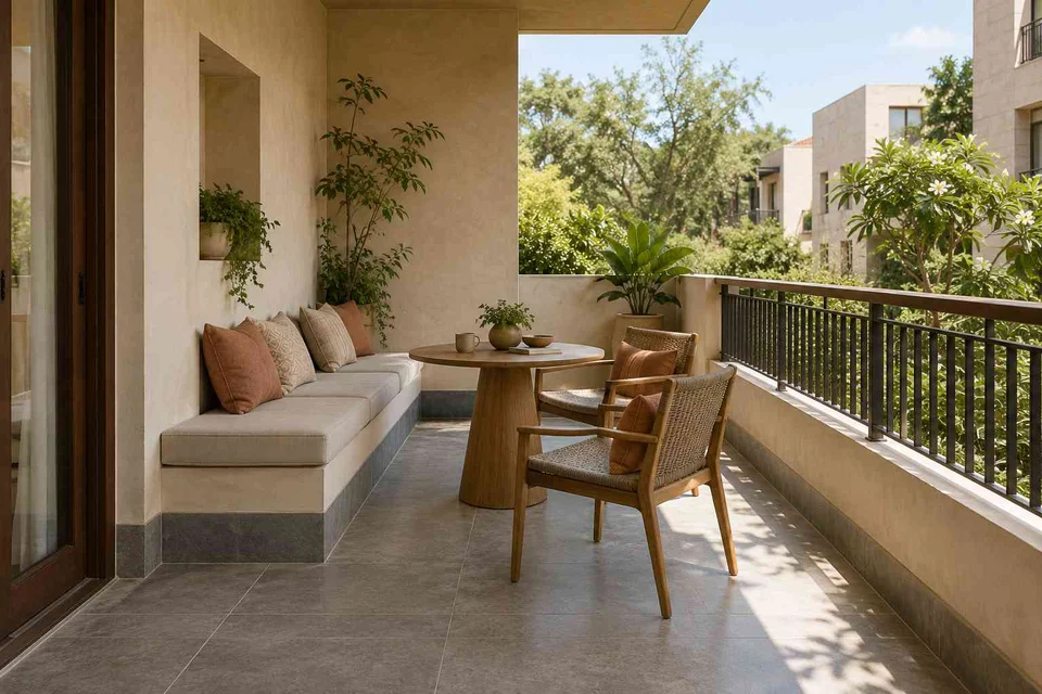 AI-generated outdoor concept: balcony family seating, courtyard modern direction