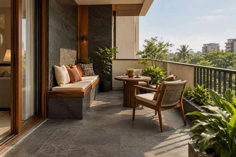 AI-generated outdoor concept: balcony family seating, deccan stone direction