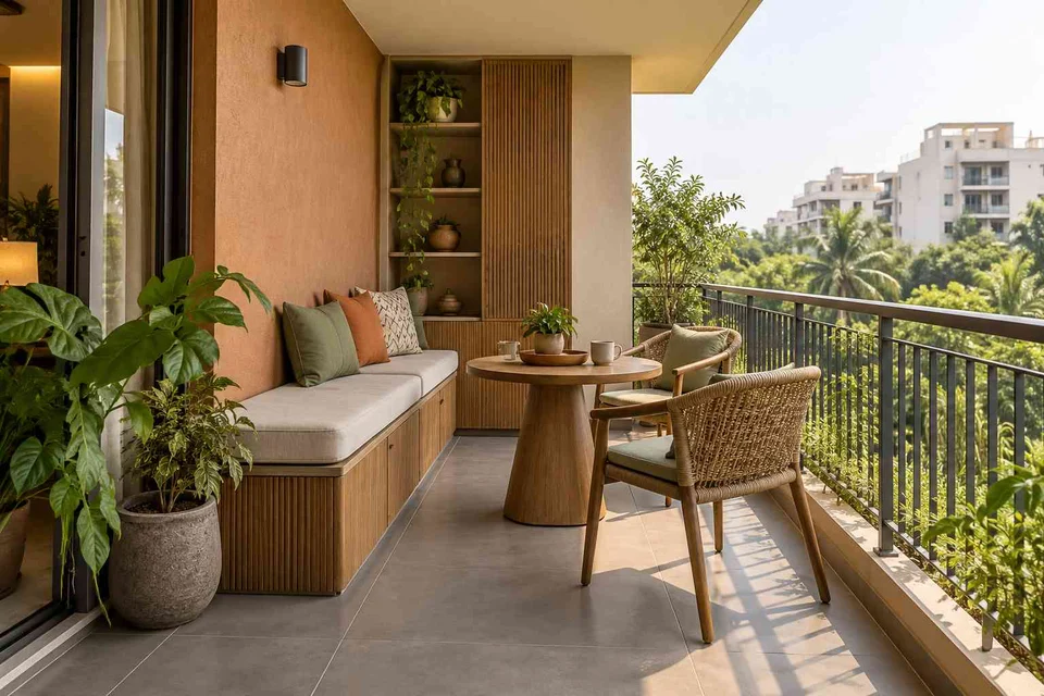 AI-generated outdoor concept: balcony family seating, earth and bamboo direction