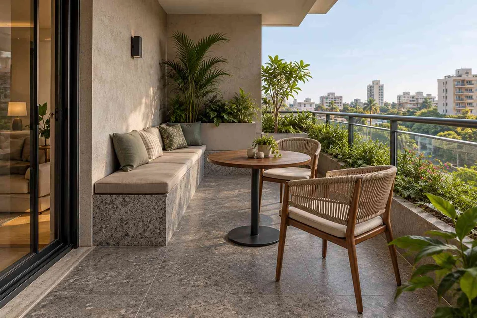 AI-generated outdoor concept: balcony family seating, granite precision direction