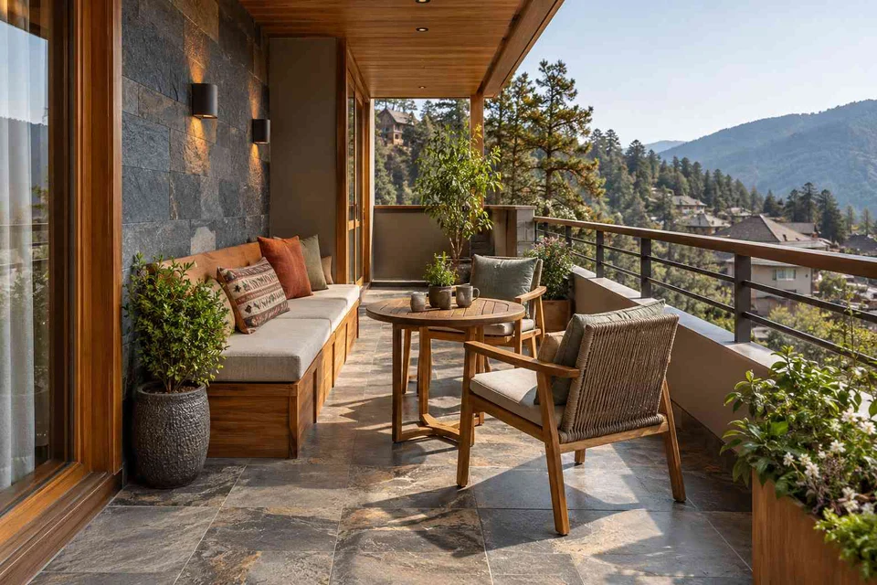 AI-generated outdoor concept: balcony family seating, hill timber direction
