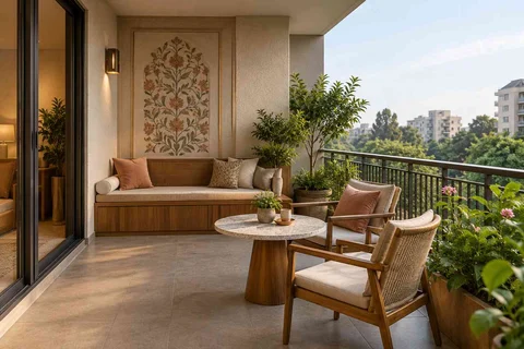 AI-generated outdoor concept: balcony family seating, inlay atelier direction