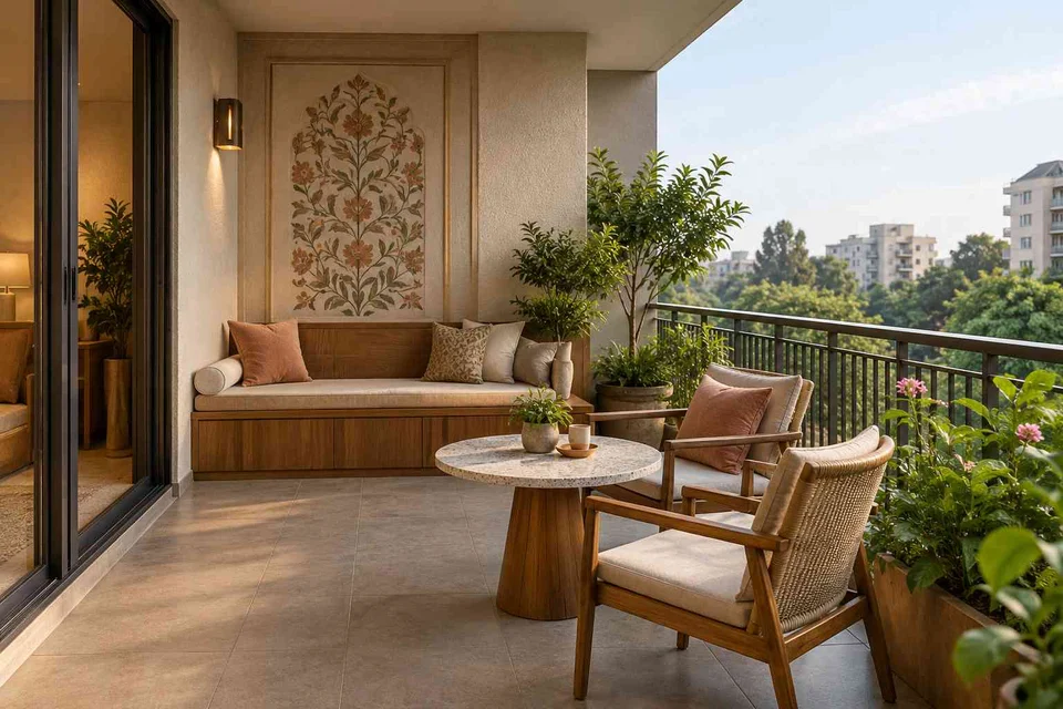 AI-generated outdoor concept: balcony family seating, inlay atelier direction