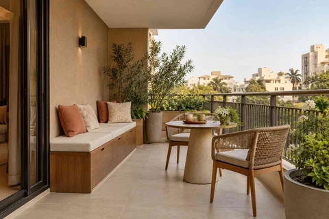 AI-generated outdoor concept: balcony family seating, lime and walnut direction