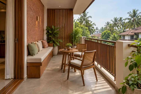 AI-generated outdoor concept: balcony family seating, malabar timber direction