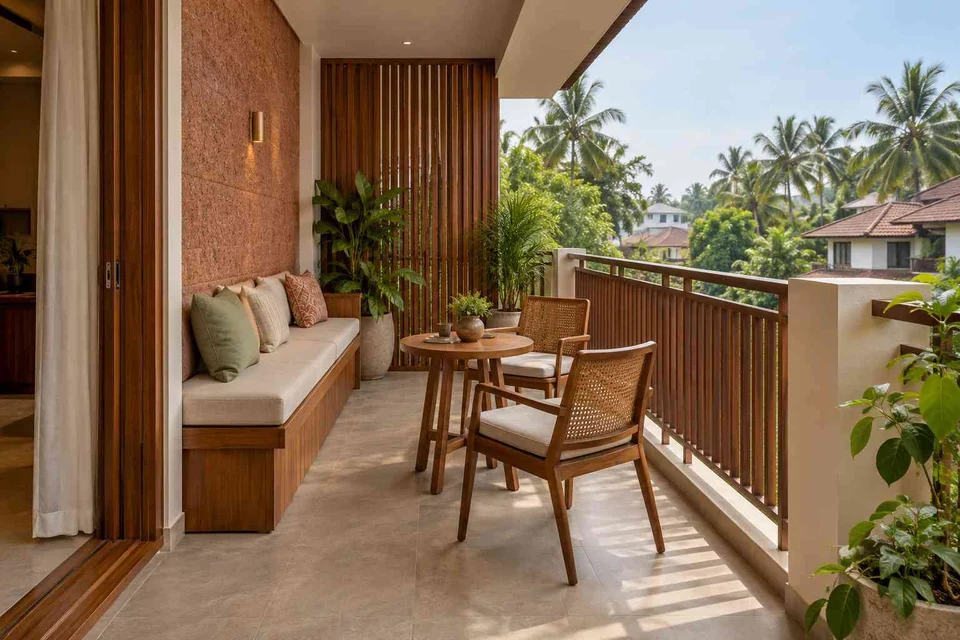 AI-generated outdoor concept: balcony family seating, malabar timber direction