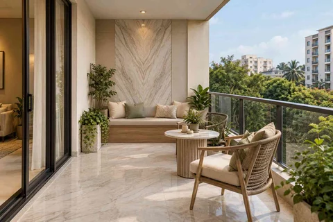 AI-generated outdoor concept: balcony family seating, marble restraint direction