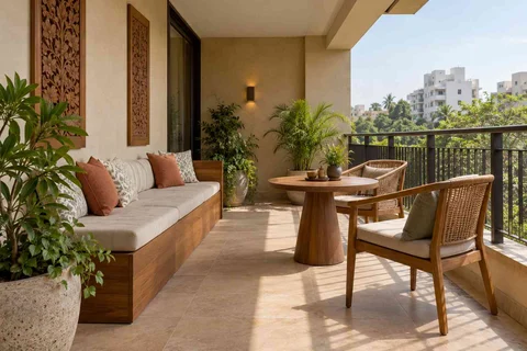 AI-generated outdoor concept: balcony family seating, modern carved direction
