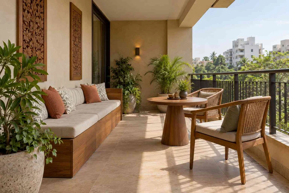 AI-generated outdoor concept: balcony family seating, modern carved direction