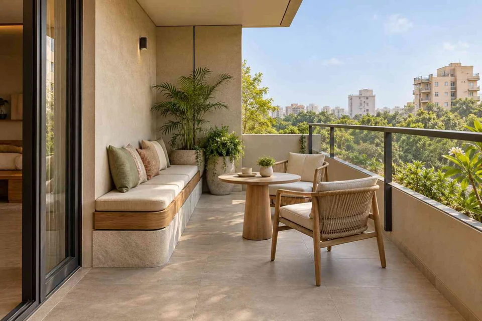 AI-generated outdoor concept: balcony family seating, quiet contemporary direction