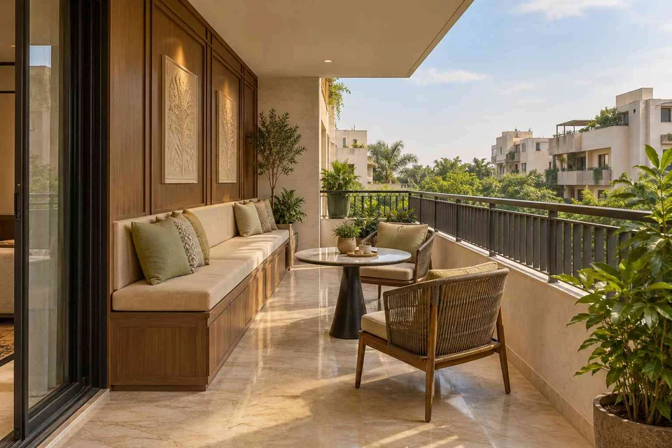 AI-generated outdoor concept: balcony family seating, quiet transitional direction