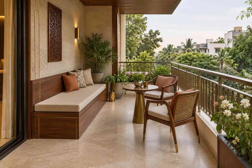 AI-generated outdoor concept: balcony family seating, rosewood brass direction