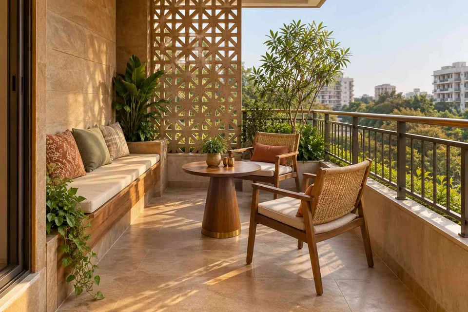 AI-generated outdoor concept: balcony family seating, sandstone lattice direction