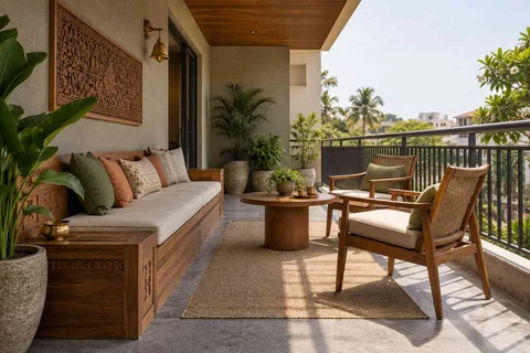 AI-generated outdoor concept: balcony family seating, teak craft direction