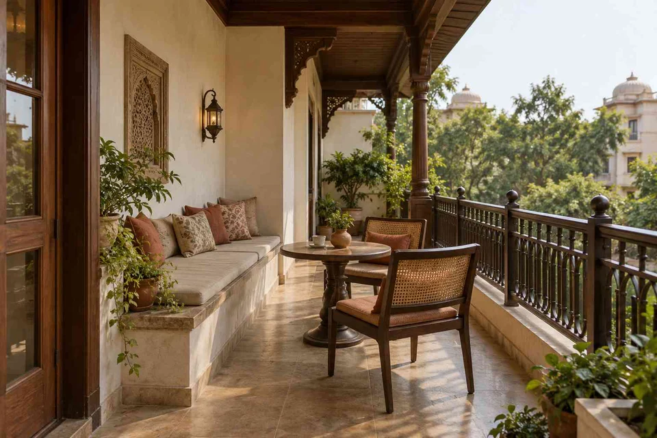 AI-generated outdoor concept: balcony family seating, terracotta heritage direction