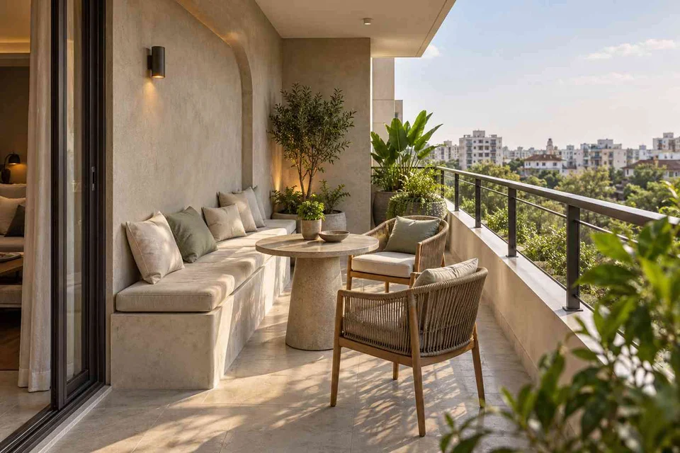 AI-generated outdoor concept: balcony family seating, textured mineral direction