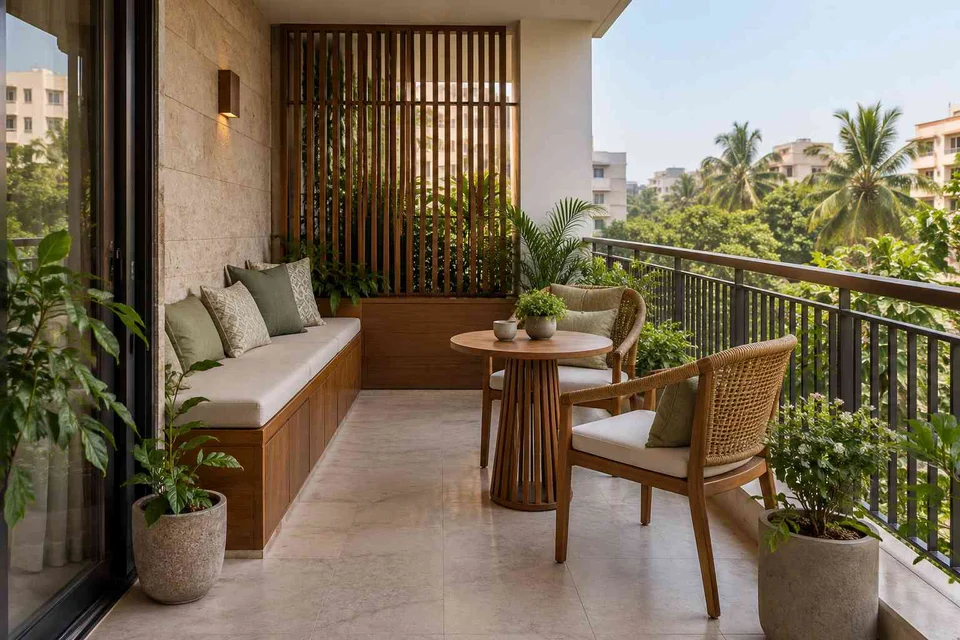 AI-generated outdoor concept: balcony family seating, tropical slatted direction