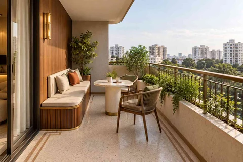 AI-generated outdoor concept: balcony family seating, urban deco direction