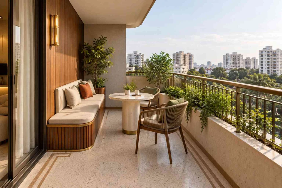 AI-generated outdoor concept: balcony family seating, urban deco direction