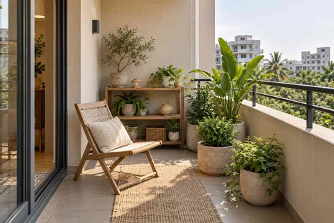 AI-generated outdoor concept: balcony garden shelf, ash and linen direction