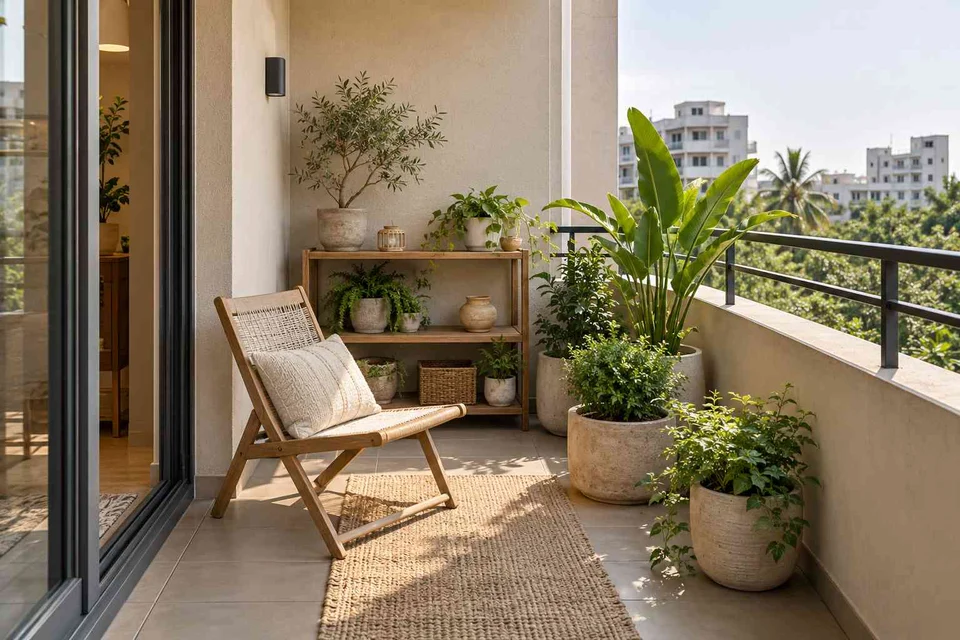 AI-generated outdoor concept: balcony garden shelf, ash and linen direction