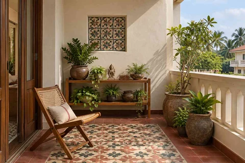 AI-generated outdoor concept: balcony garden shelf, chettinad tile direction