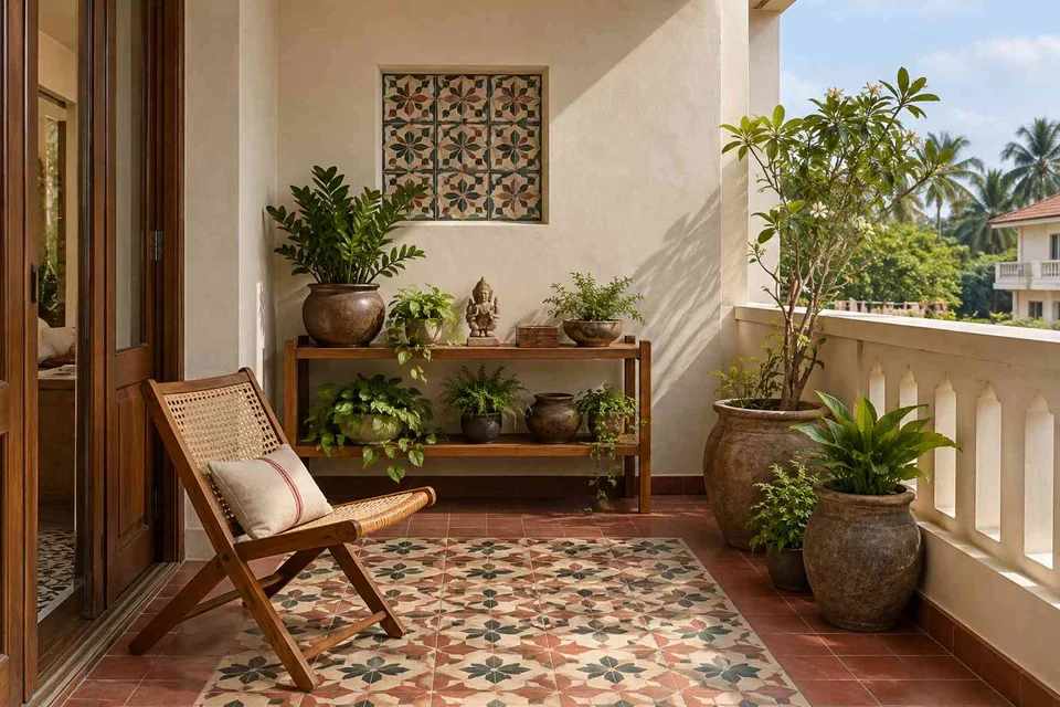 AI-generated outdoor concept: balcony garden shelf, chettinad tile direction