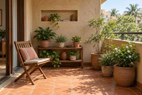 AI-generated outdoor concept: balcony garden shelf, clay artisan direction