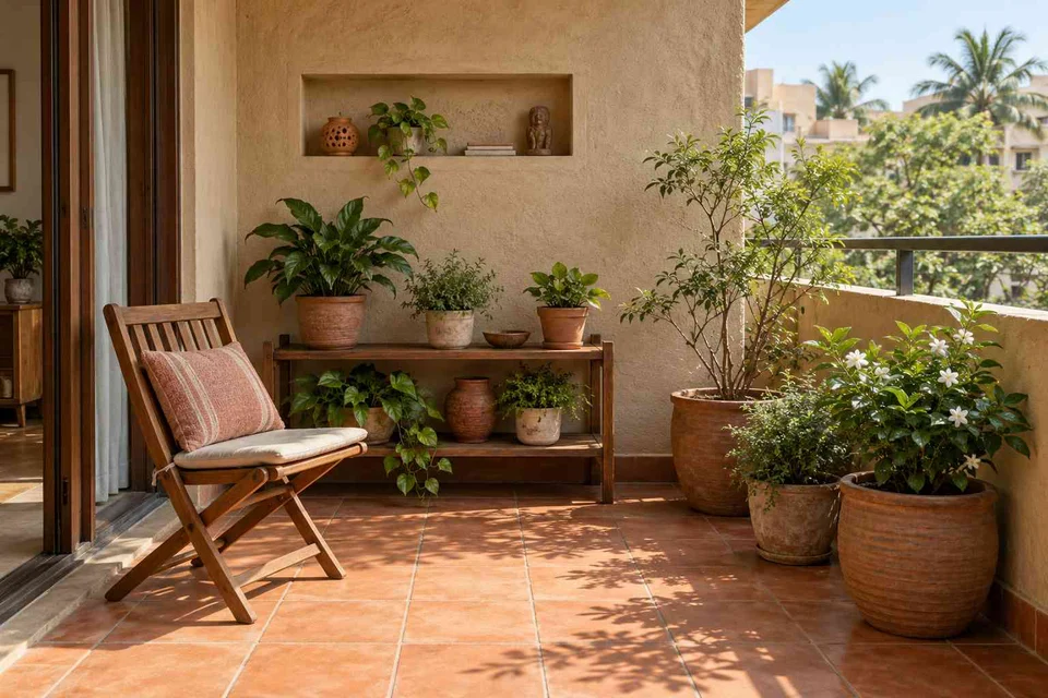 AI-generated outdoor concept: balcony garden shelf, clay artisan direction