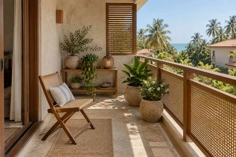 AI-generated outdoor concept: balcony garden shelf, coastal woven direction