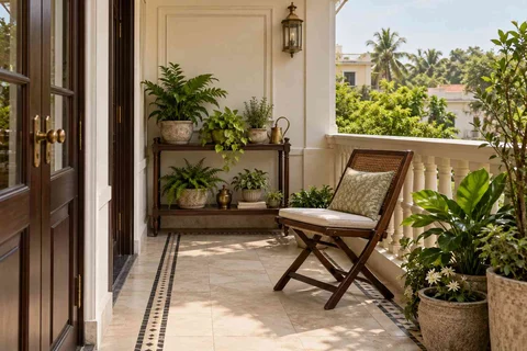 AI-generated outdoor concept: balcony garden shelf, colonial quiet direction
