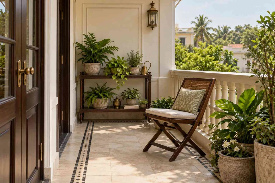 AI-generated outdoor concept: balcony garden shelf, colonial quiet direction