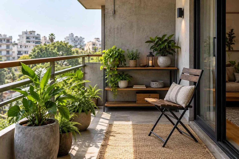 AI-generated outdoor concept: balcony garden shelf, concrete and oak direction