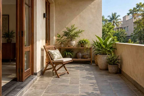 AI-generated outdoor concept: balcony garden shelf, courtyard modern direction