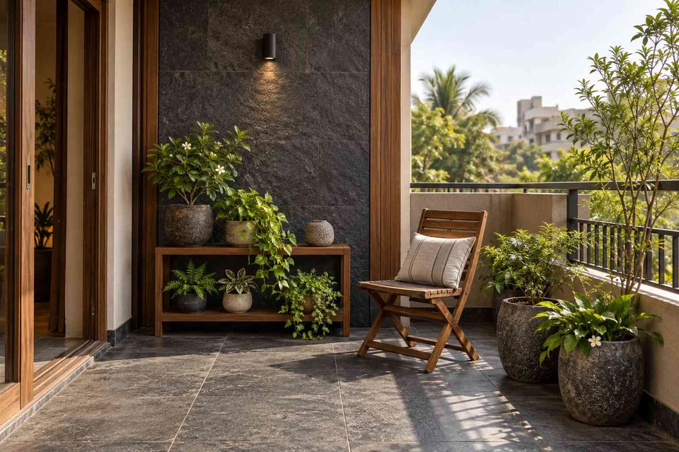 AI-generated outdoor concept: balcony garden shelf, deccan stone direction