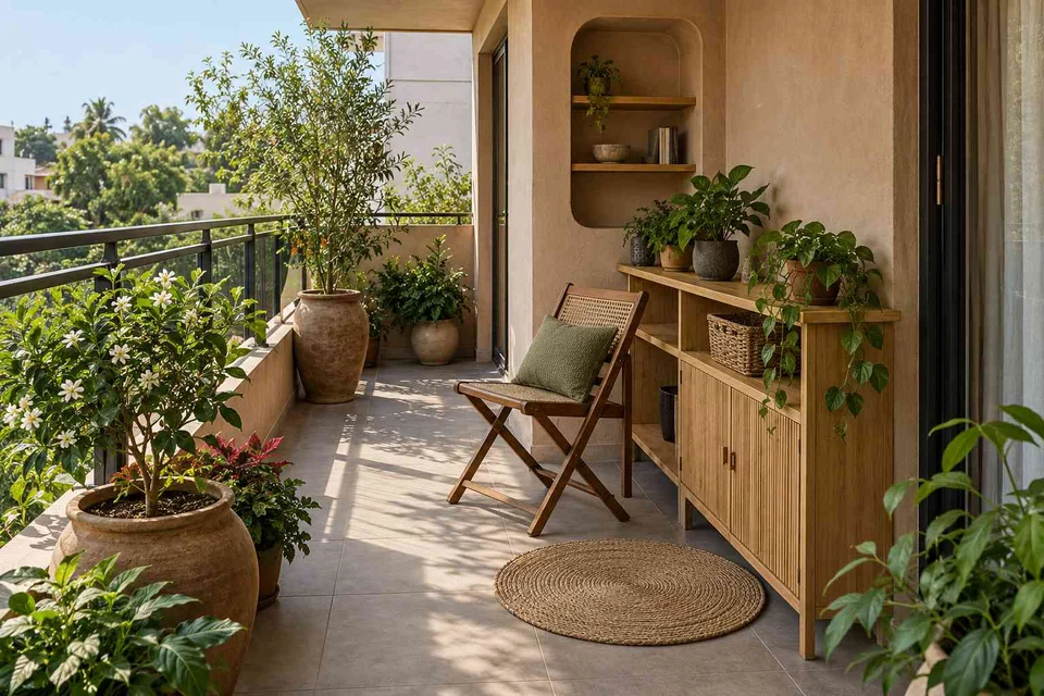 AI-generated outdoor concept: balcony garden shelf, earth and bamboo direction