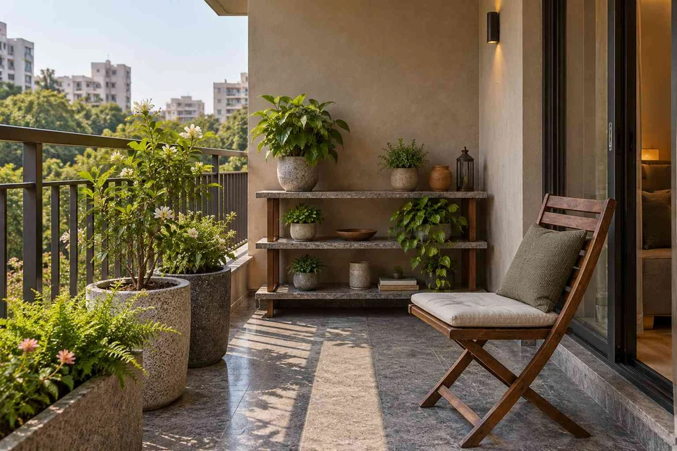 AI-generated outdoor concept: balcony garden shelf, granite precision direction
