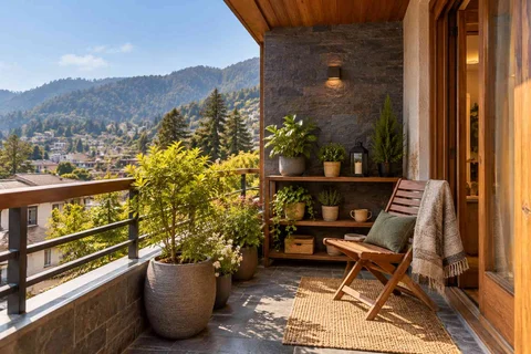 AI-generated outdoor concept: balcony garden shelf, hill timber direction