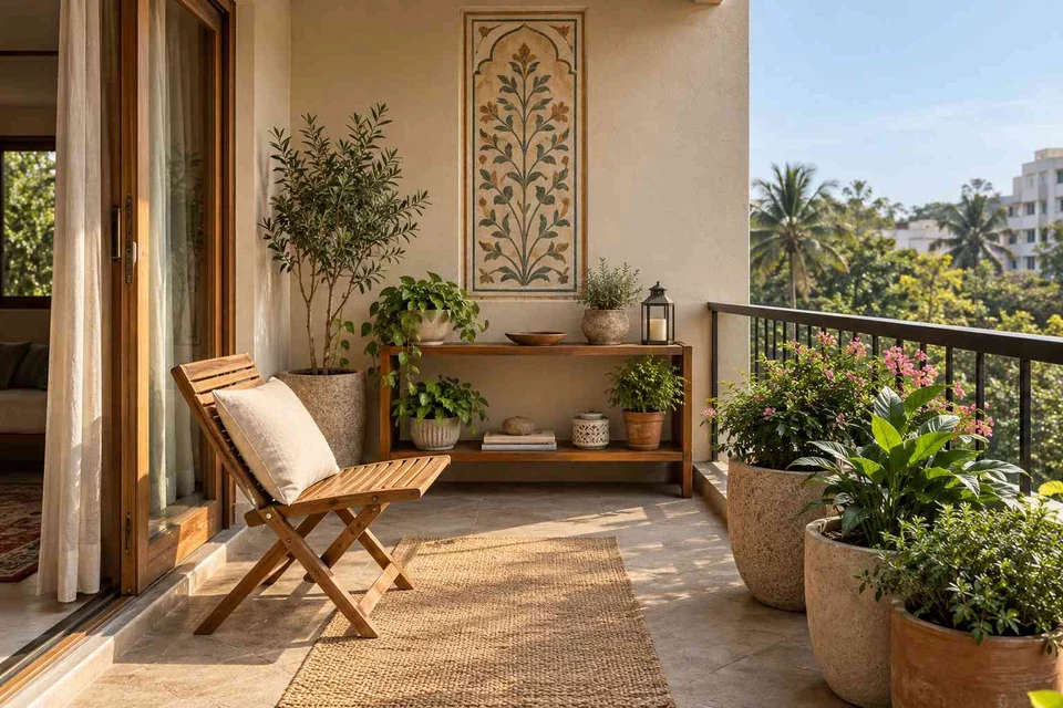 AI-generated outdoor concept: balcony garden shelf, inlay atelier direction
