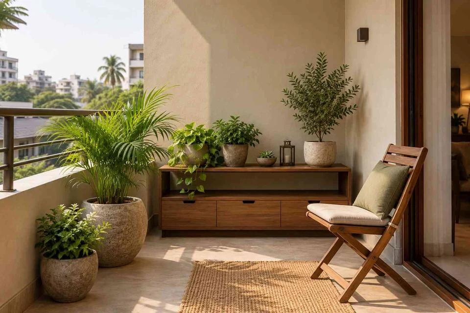 AI-generated outdoor concept: balcony garden shelf, lime and walnut direction