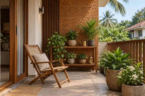AI-generated outdoor concept: balcony garden shelf, malabar timber direction