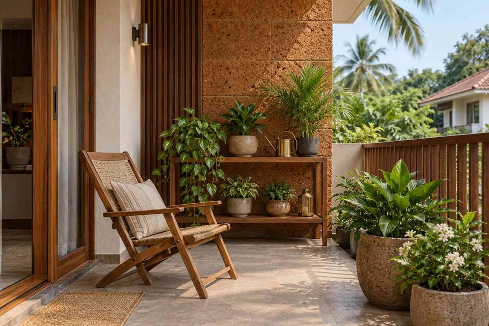 AI-generated outdoor concept: balcony garden shelf, malabar timber direction